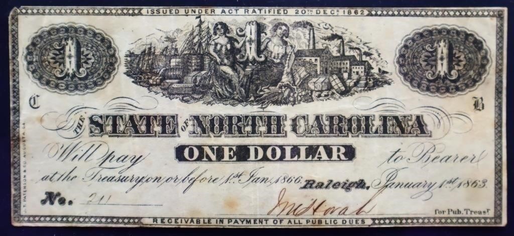Genuine 1863 State Of NC $1 note