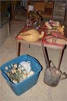 CARD TABLE WITH ASSORTED DÉCOR, PAINTED CAN,