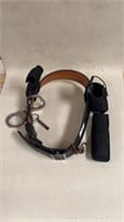 Police leather duty belt with hand cuffs, pouches
