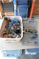 TOTE OF OLDER CORDLESS TOOLS, BATTERIES AND