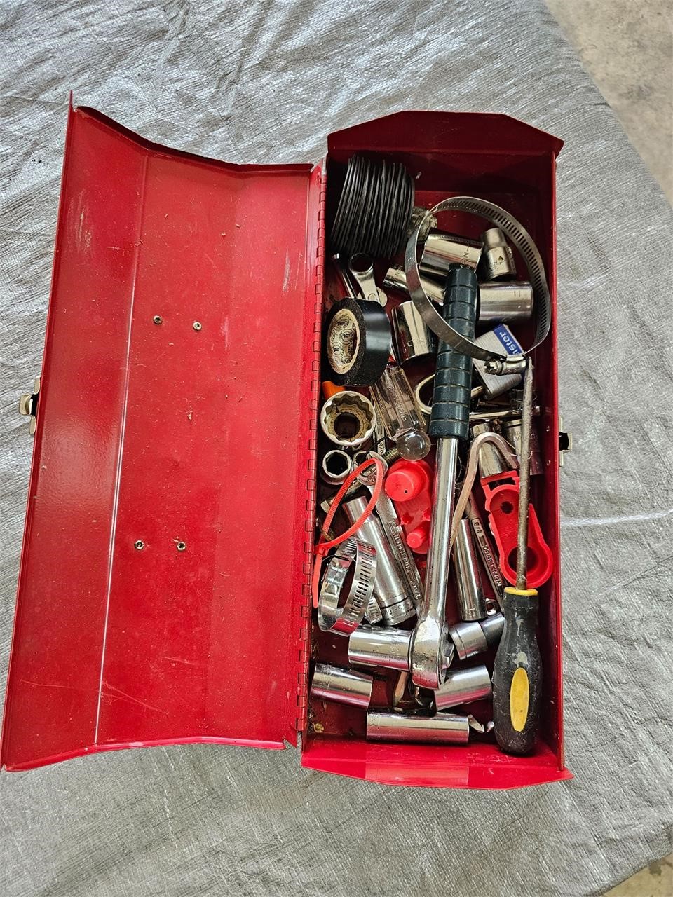Metal tool box with sockets and more