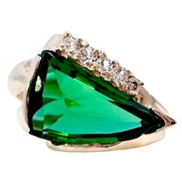 Antique Art Deco Green Glass & Quartz Ring 10k