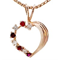 Ruby & Diamond Fanned Heart Pendant 14k Gold