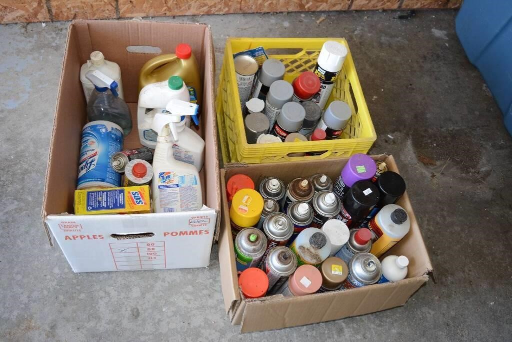 3 BOXES OF SPRAY PAINTS, CLEANING PRODUCTS,