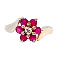 Ruby & Diamond Flower Ring 10k Yellow Gold