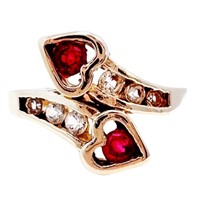 Ruby & White Quartz Double Heart Ring 14k Gold