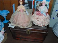 Vintage Sewing Box & (2) Vintage Pin Cushion Dolls