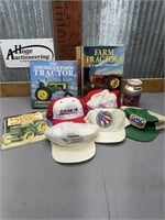 FARM TRACTOR BOOKS, TIN, CASE BUCKET,BALL CAPS