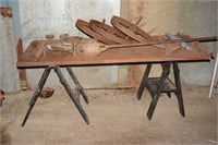 VINTAGE FARM IMPLEMENTS WITH SAW HORSES