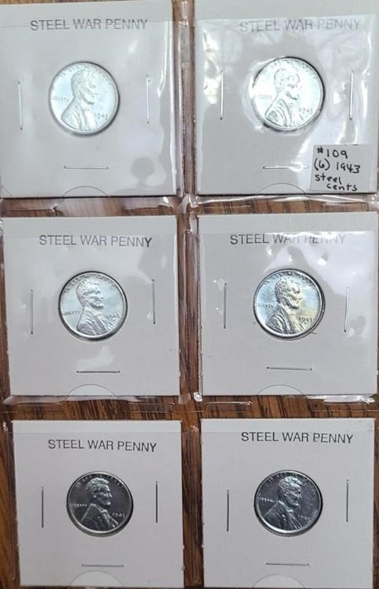 6 1943 Steel Lincoln Cents