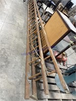 WOODEN EXTENSION LADDER, APPROX 30 FT TOTAL LENGTH
