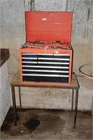 METAL TOOL CHEST WITH CONTENTS & TABLE