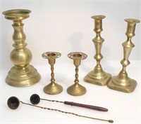 3 X 2 BRASS CANDLE HOLDERS & 2 FLAME SNUFFERS