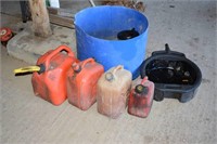 4 RED FUEL CANS, ASSORTED FUNNELS & DRAIN PAN