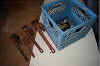 CRATE WITH PIPE WRENCHES & ASSORTED TOOLS