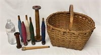 Antique Bobbins Textile Spools & Splint Basket