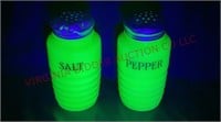Jadeite Uranium Glass Beehive Shaker Set - Glows!