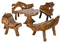 Natural Teak Root Table with 4 Benches