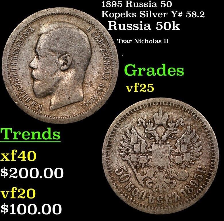 1895 Russia 50 Kopeks Silver Y# 58.2 Grades vf+