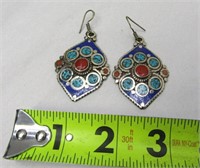 Nepalese Tibetan Turquoise & Coral Stone Earrings
