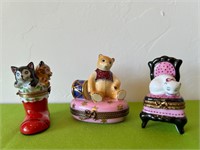 Limoges France Cat / Bear Ceramic Trinket Boxes