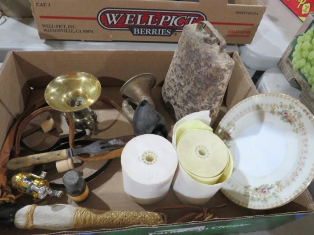 BOX OF COWBELL, BRASS HORN, & MISC.