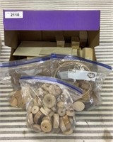 Box and bags of wood, scraps and pieces