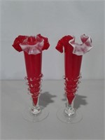 Pair Vtg. Ruffle Rim Art Glass Vases