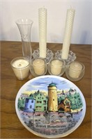 6 Candles, Small Glass Vase, Collector Plate