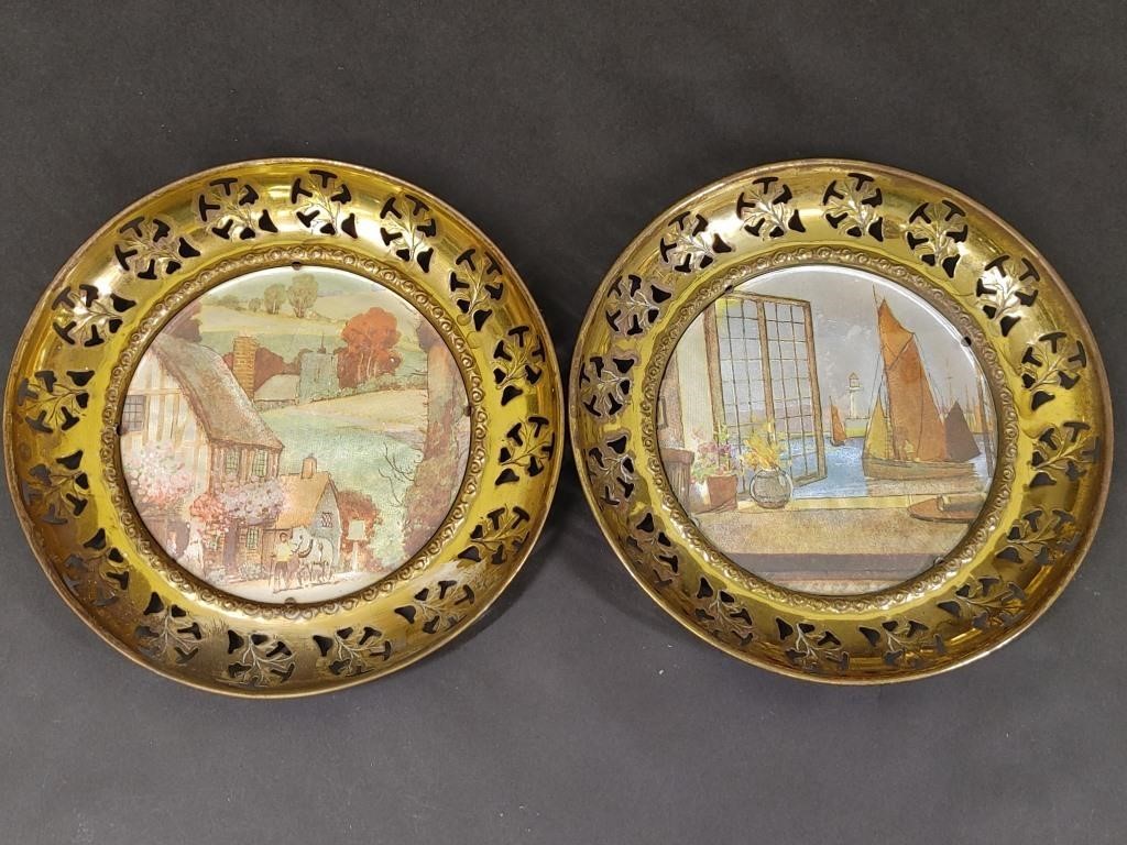 Two Regency Foil Art Solid Brass Plates Wall Decor
