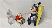 Vintage Snoopy Coin Bank & Ceramic Skiing Figure