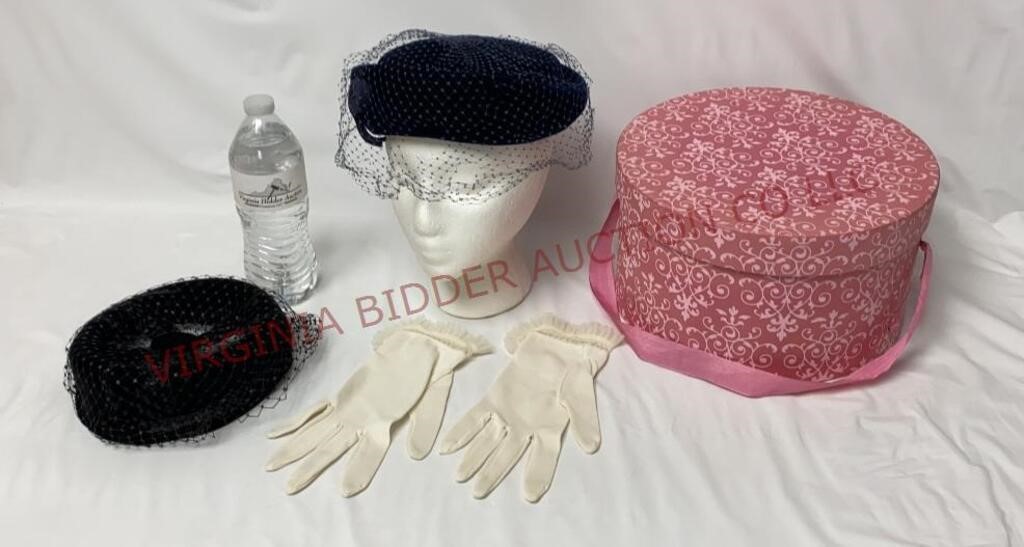 Vintage Ladies Velvet Hats, Gloves & Hat Box