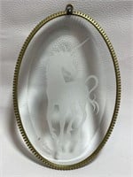 ETCHED BEVELED GLASS UNICORN ORNAMENT 4in W x 6in