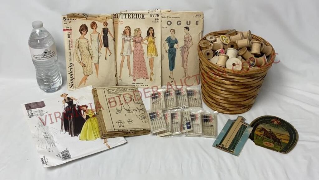 Vintage Sewing Patterns & Basket of Wood Spools