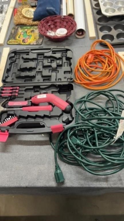 Two extention cords and apollo tool box with tools