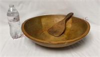 Primitive Antique Wooden Dough Bowl w Paddle