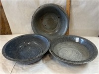 3 Primitive Enamelware Bowls