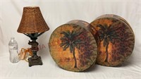 Palm Tree Elephant Lamp w Wicker Shade & Hat Boxes