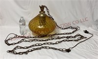 Mid Century Amber Glass Swag Light / Lamp w Chain