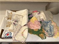 BOX OF VINTAGE CROCHET PILLOWCASES AND DOILIES
