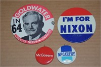 (4) Vtg Political Pins: Nixon, McCarthy, Goldwater