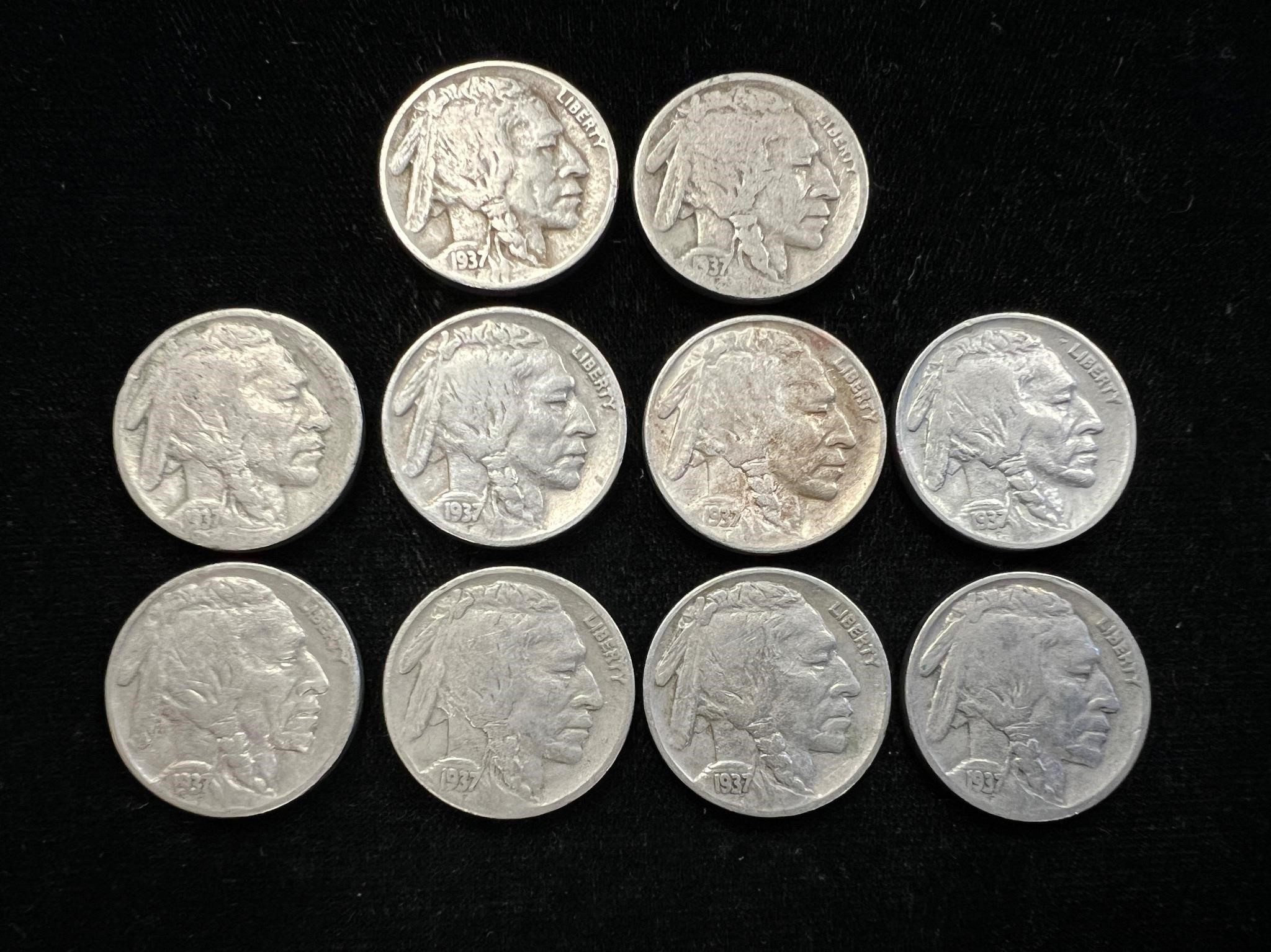 Lot of 10 1937 Buffalo Nickels