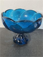 VINTAGE TURQUOISE BLUE COMPOTE WITH SCALLOPED TOP