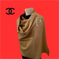 Chanel Promotional Tan Cashmere Scarf Sequin CC