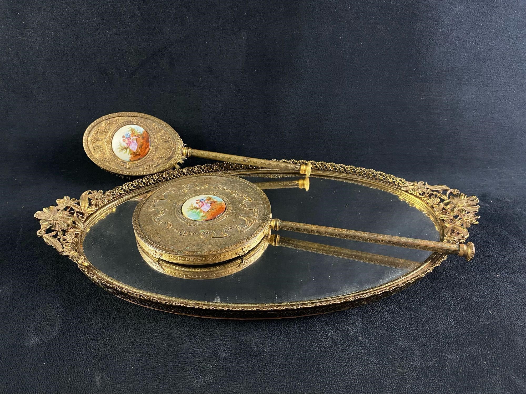Vintage Brass Plated Vanity Set Mirror - Tray - Br