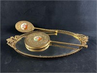 Vintage Brass Plated Vanity Set Mirror - Tray - Br