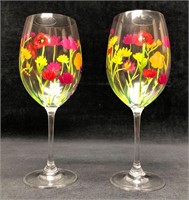Pair of Hand Painted Glass Wine Glasses - Floral S