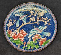 Vintage Cloisonne Azure Winged Magpie Floral Plate