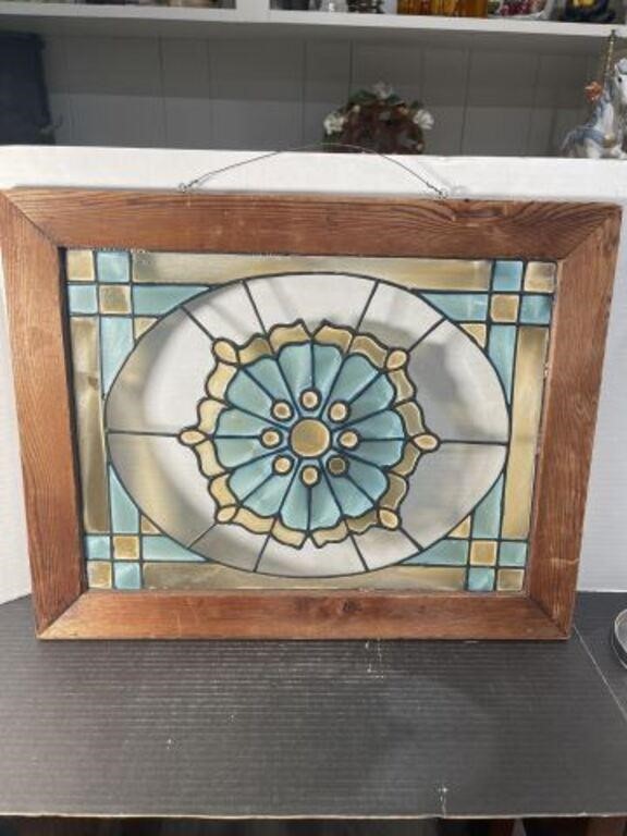 VINTAGE STAINED GLASS WINDOW PANEL IN RUSTIC WOOD