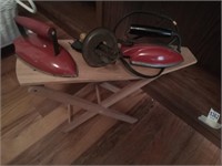 Small wooden ironing board, toy irons & hand